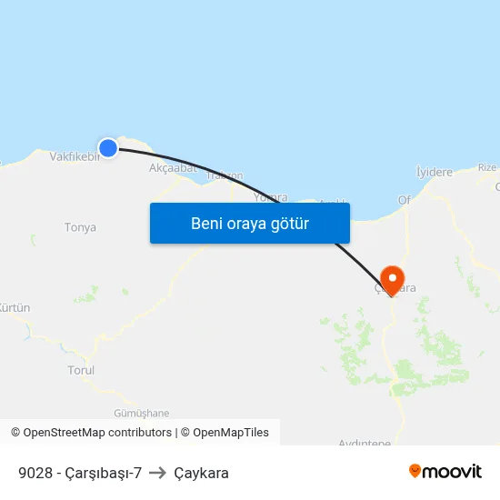9028 - Çarşıbaşı-7 to Çaykara map
