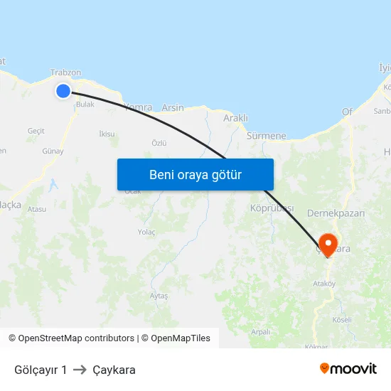 Gölçayır 1 to Çaykara map