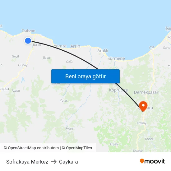 Sofrakaya Merkez to Çaykara map