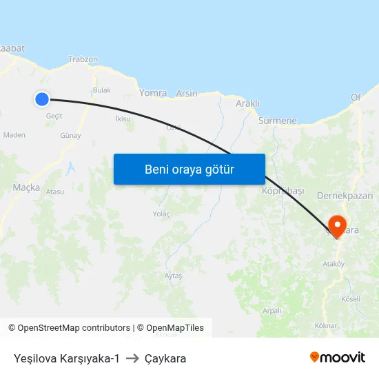 Yeşilova Karşıyaka-1 to Çaykara map