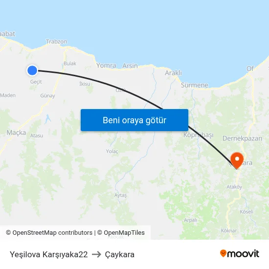 Yeşilova Karşıyaka22 to Çaykara map