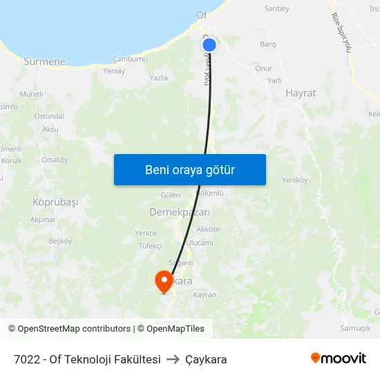 7022 - Of Teknoloji Fakültesi to Çaykara map
