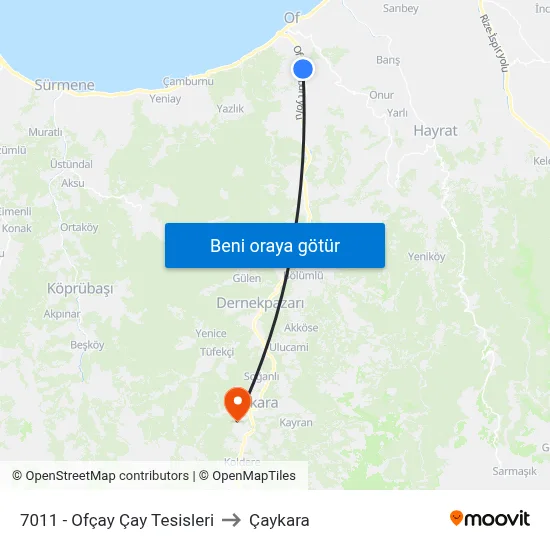7011 - Ofçay Çay Tesisleri to Çaykara map