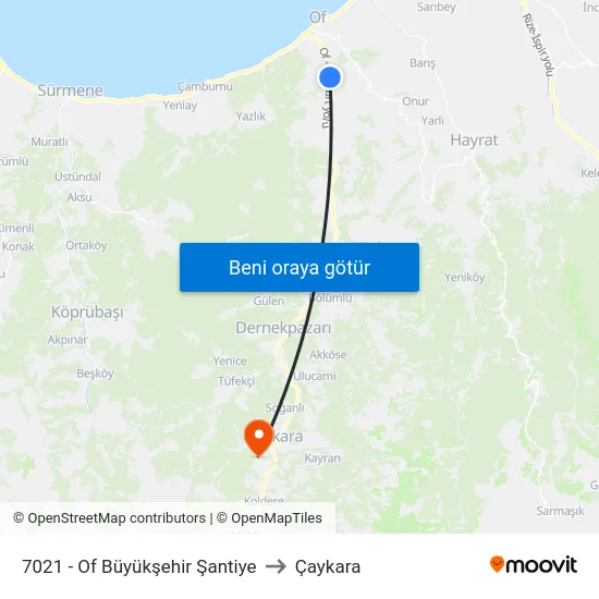 7021 - Of Büyükşehir Şantiye to Çaykara map