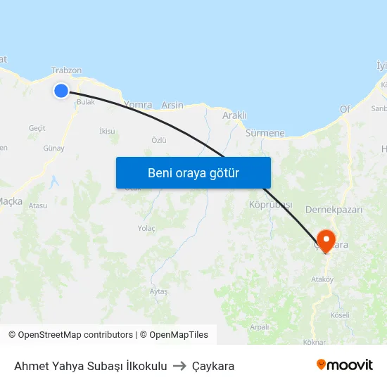 Ahmet Yahya Subaşı İlkokulu to Çaykara map