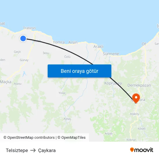 Telsiztepe to Çaykara map