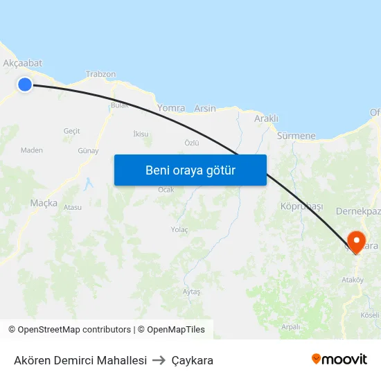 Akören Demirci Mahallesi to Çaykara map