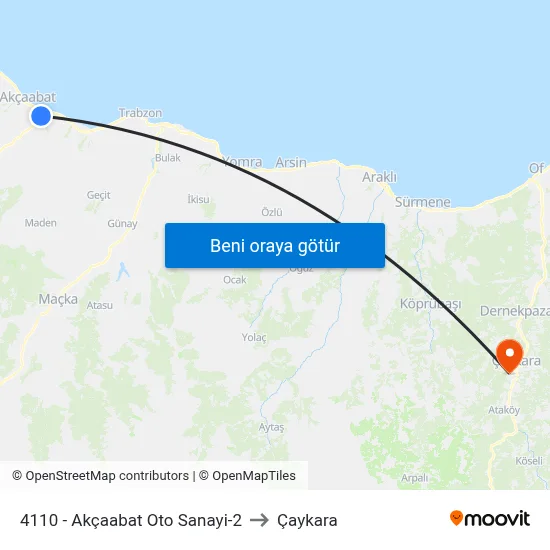 4110 - Akçaabat Oto Sanayi-2 to Çaykara map