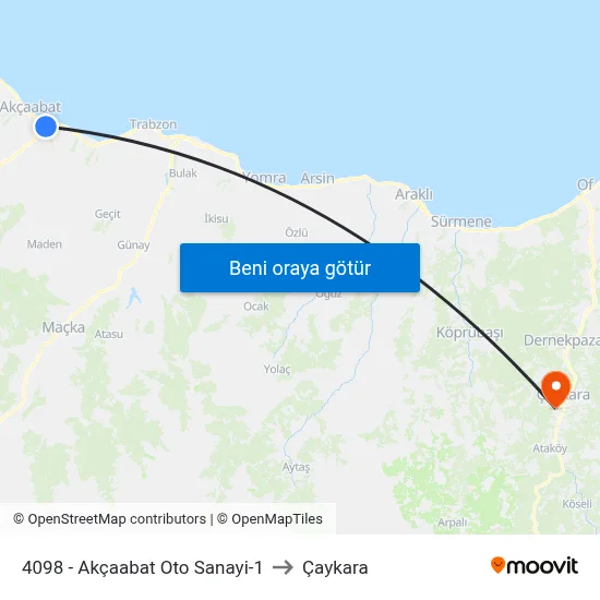 4098 - Akçaabat Oto Sanayi-1 to Çaykara map