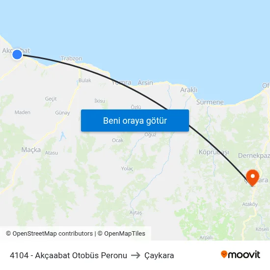 4104 - Akçaabat Otobüs Peronu to Çaykara map