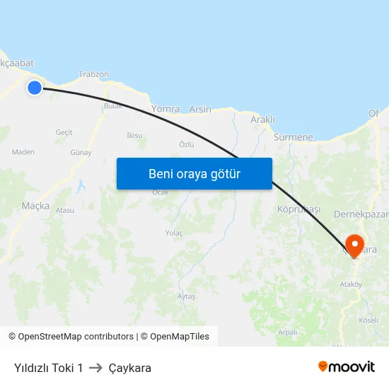 Yıldızlı Toki 1 to Çaykara map