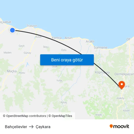 Bahçelievler to Çaykara map