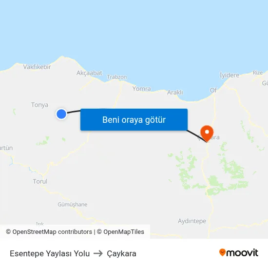Esentepe Yaylası Yolu to Çaykara map
