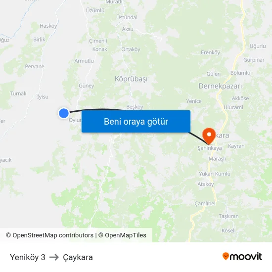 Yeniköy 3 to Çaykara map