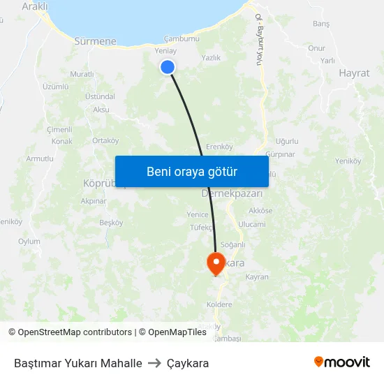 Baştımar Yukarı Mahalle to Çaykara map