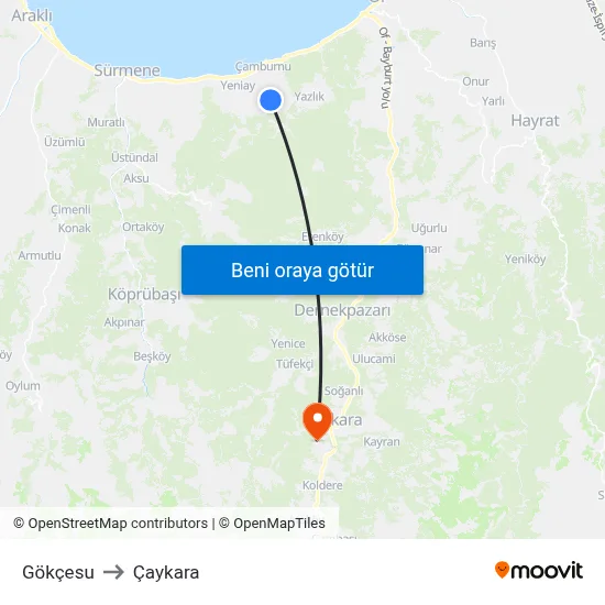 Gökçesu to Çaykara map