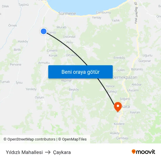 Yıldızlı Mahallesi to Çaykara map