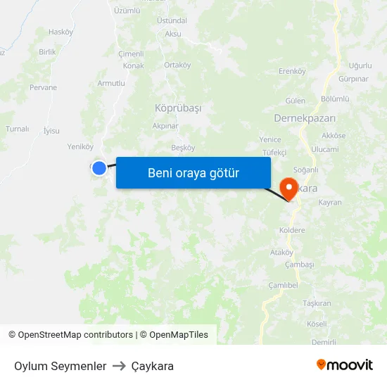 Oylum Seymenler to Çaykara map