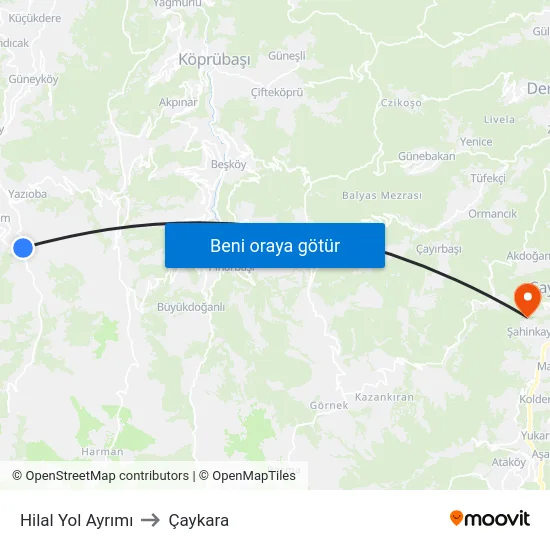 Hilal Yol Ayrımı to Çaykara map
