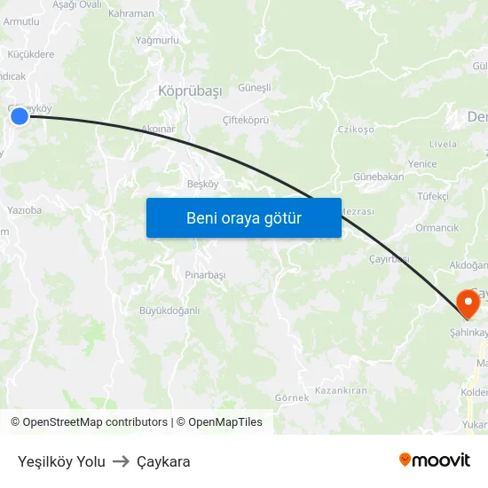 Yeşilköy Yolu to Çaykara map