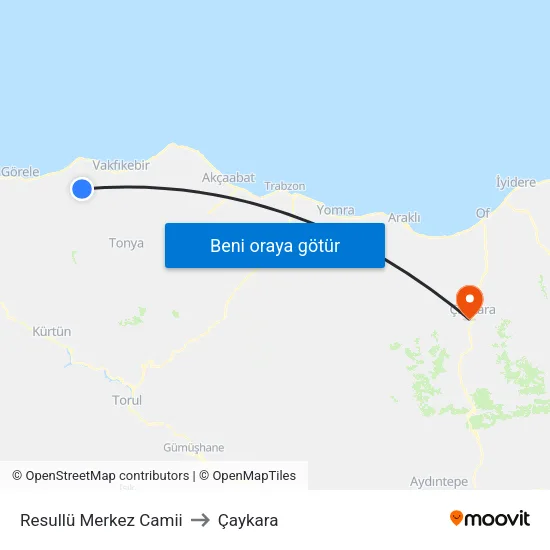 Resullü Merkez Camii to Çaykara map
