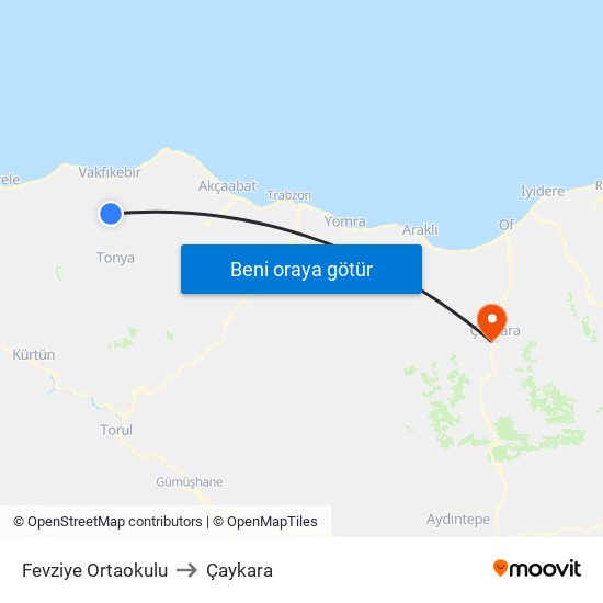 Fevziye Ortaokulu to Çaykara map