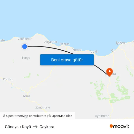 Güneysu Köyü to Çaykara map