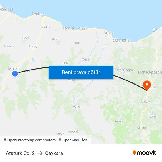 Atatürk Cd. 2 to Çaykara map