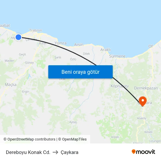 Dereboyu Konak Cd. to Çaykara map