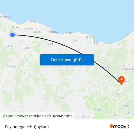 Seyrantepe to Çaykara map
