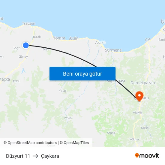 Düzyurt 11 to Çaykara map