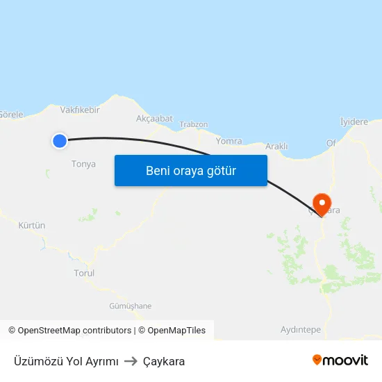 Üzümözü Yol Ayrımı to Çaykara map