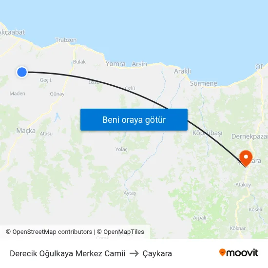 Derecik Oğulkaya Merkez Camii to Çaykara map