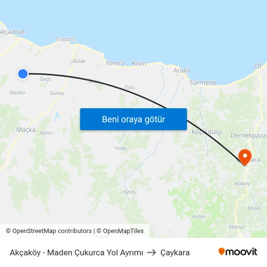 Akçaköy - Maden Çukurca Yol Ayrımı to Çaykara map