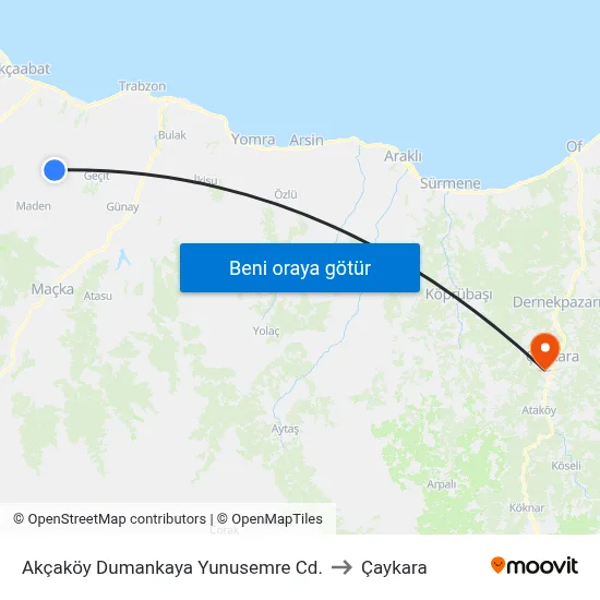Akçaköy Dumankaya Yunusemre Cd. to Çaykara map