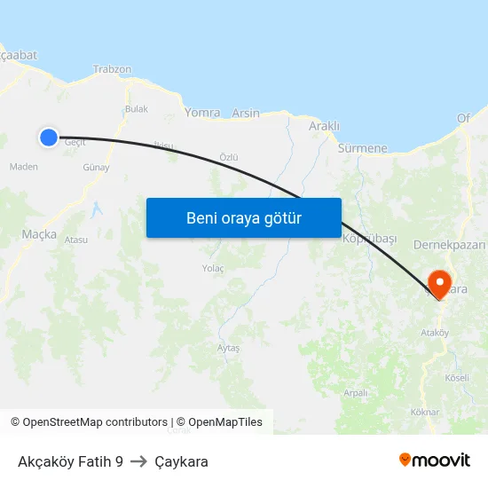 Akçaköy Fatih 9 to Çaykara map