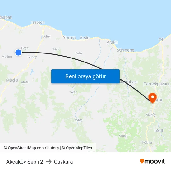 Akçaköy Sebli 2 to Çaykara map