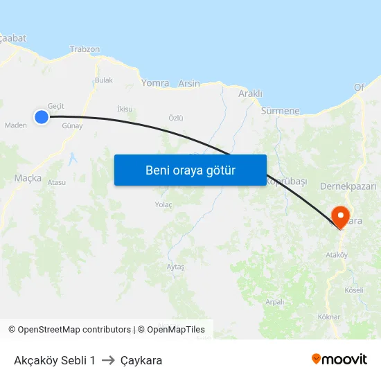 Akçaköy Sebli 1 to Çaykara map