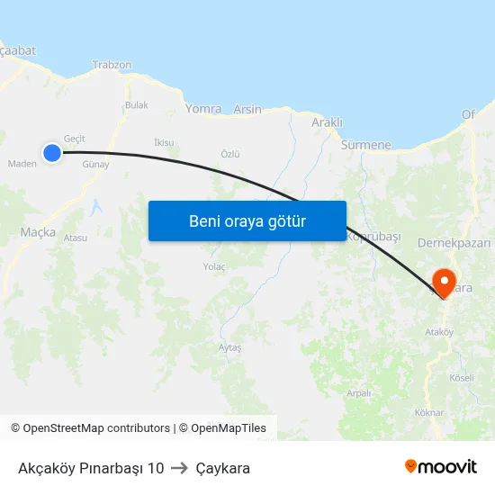 Akçaköy Pınarbaşı 10 to Çaykara map