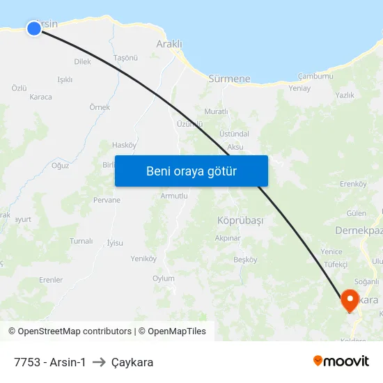 7753 - Arsin-1 to Çaykara map
