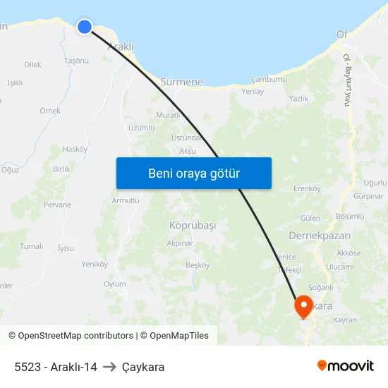 5523 - Araklı-14 to Çaykara map