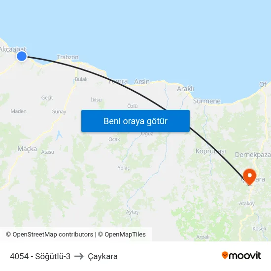 4054 - Söğütlü-3 to Çaykara map