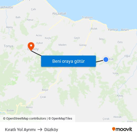Kıratlı Yol Ayrımı to Düzköy map