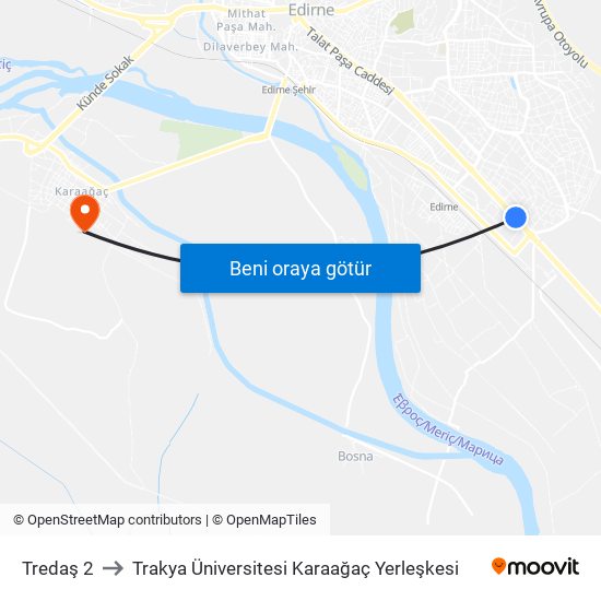 Tredaş 2 to Trakya Üniversitesi Karaağaç Yerleşkesi map