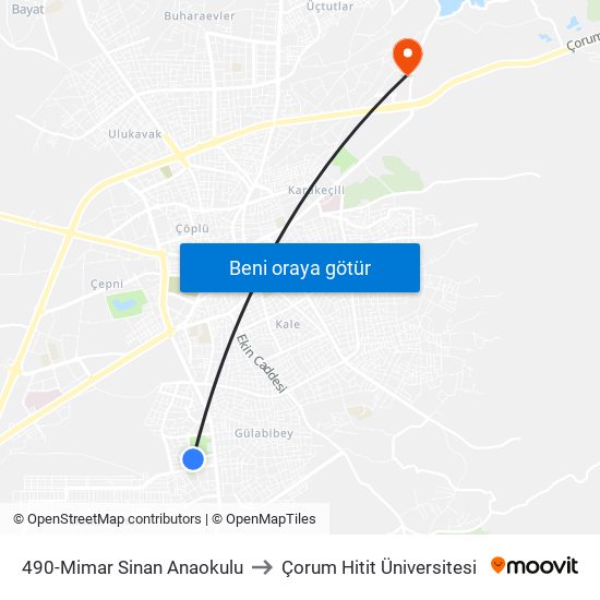 490-Mimar Sinan Anaokulu to Çorum Hitit Üniversitesi map