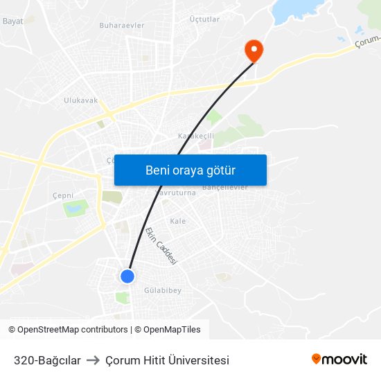 320-Bağcılar to Çorum Hitit Üniversitesi map