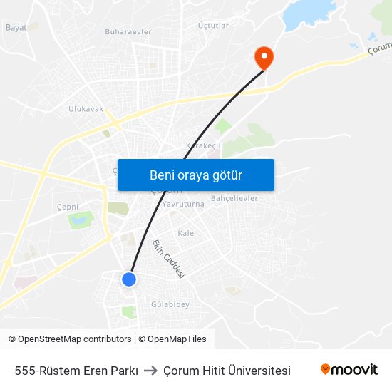 555-Rüstem Eren Parkı to Çorum Hitit Üniversitesi map