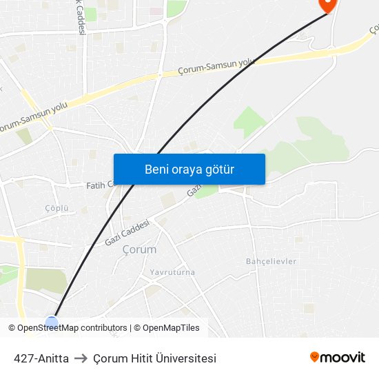 427-Anitta to Çorum Hitit Üniversitesi map