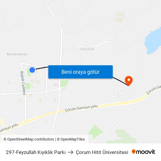 297-Feyzullah Kıyıklık Parkı to Çorum Hitit Üniversitesi map