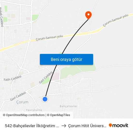 542-Bahçelievler İlköğretim Okulu to Çorum Hitit Üniversitesi map